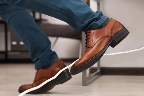 Ein Mitarbeitender stolpert über ein Kabel im Büro. Einige Gefahren im Büro könnt ihr ganz leicht minimieren. © Adobe Stock, New Africa