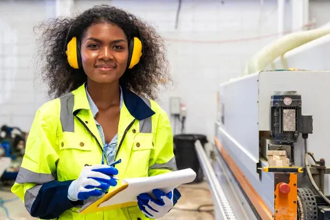 Eine schwarze CE-Beauftragte, die mit einem Klemmbrett ihre Punkte abarbeitet. © Adobe Stock, Quality Stock Arts