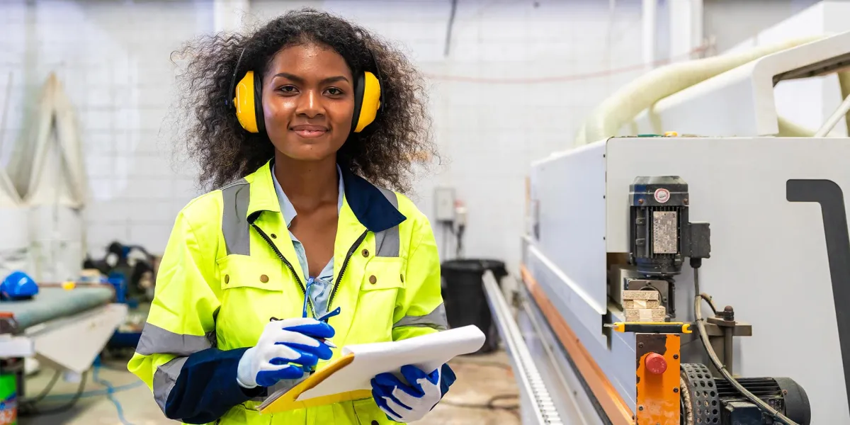 Eine schwarze CE-Beauftragte, die mit einem Klemmbrett ihre Punkte abarbeitet. © Adobe Stock, Quality Stock Arts